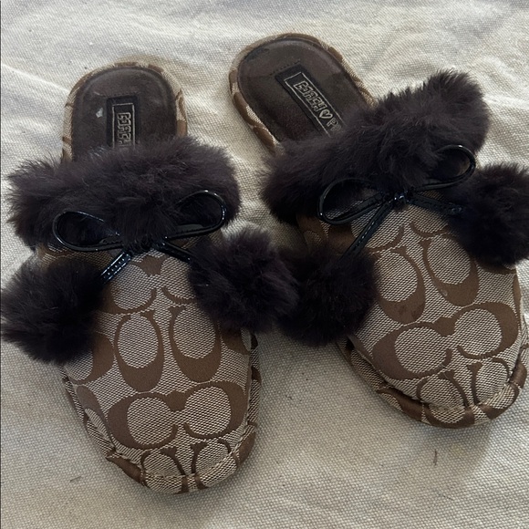 Coach Signature Brown Women's Slippers with Fur Trim - Picture 1 of 1